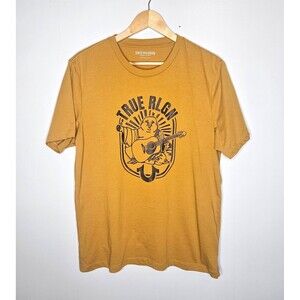 TRUE RELIGION Shirt Mens Large Gold Buddha Short Sleeve Graphic Tee Guitar Logo
